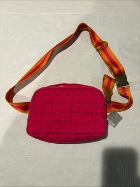 Quilted Hot Pink Crossbody Bag with Striped Orange Strap